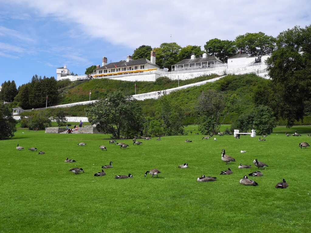 White stone walls of Fort Mackinac on the bluff above a lawn with Canada geese