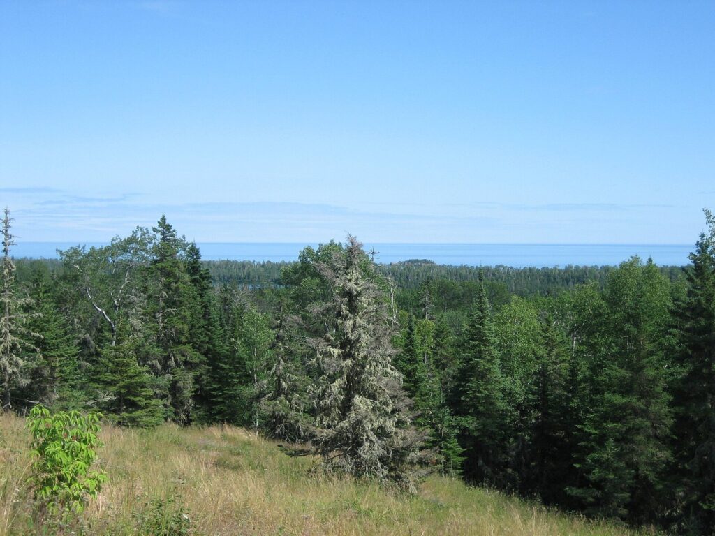 View from the Greenstone Ridge Trail over spruce forest and meadow to distant Lake Superior