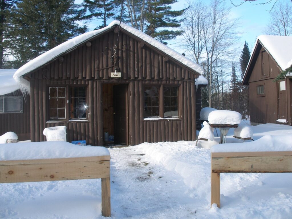 Log cabin with a snow-covered roof and deep snow in front, surrounded by pines in the Upper Peninsula