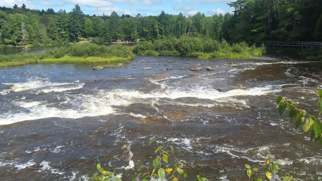 Low cascades of white water spreading across a wide river around wooded islands under a blue sky