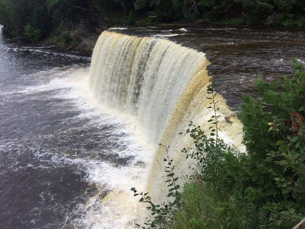 Close view of amber water curving over the lip of a wide waterfall into foaming rapids below dark forest